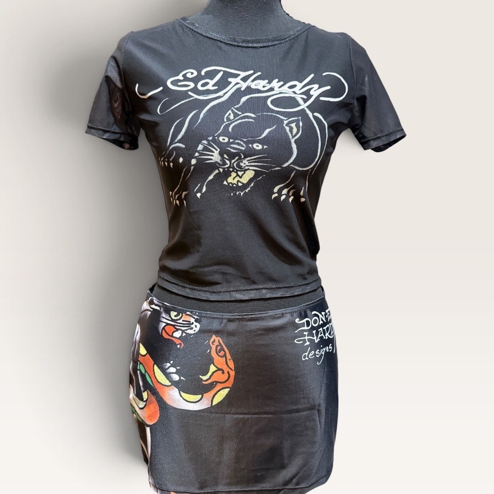 Ed Hardy Black Panther Snake Rhinestone Mesh Top and Mini Skirt 2 Piece Set Y2K